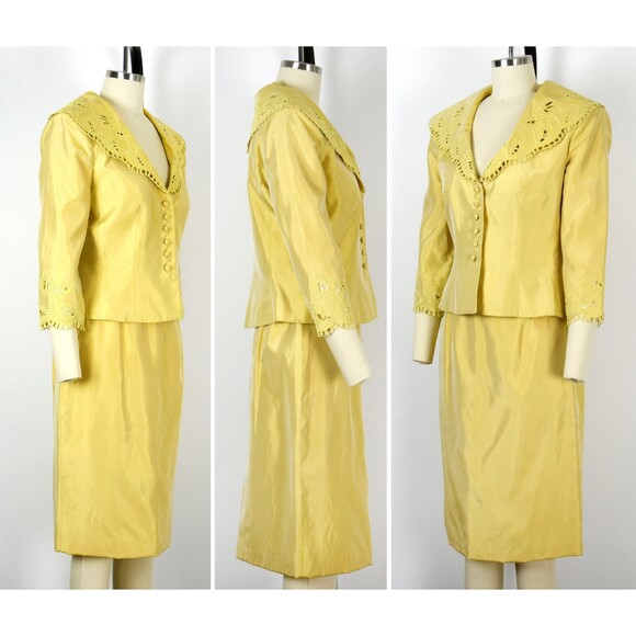 1980s Victor Costa Skirt Suit Size Medium Yellow Soutache Power Suit Medium Suit - Picture 3 of 10